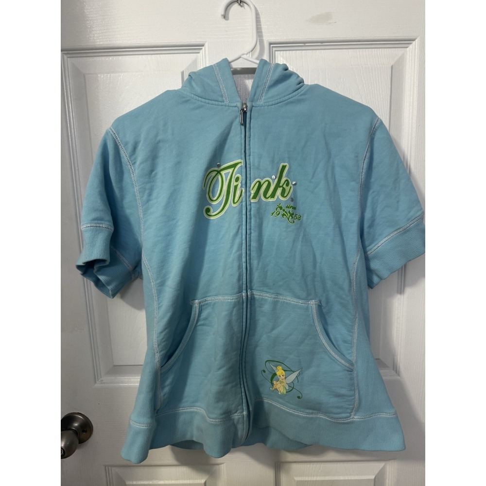 Vintage Disney Tinkerbell Blue Women's Short Sleeve Hoodie Sz XL Pullover - Picture 1 of 11